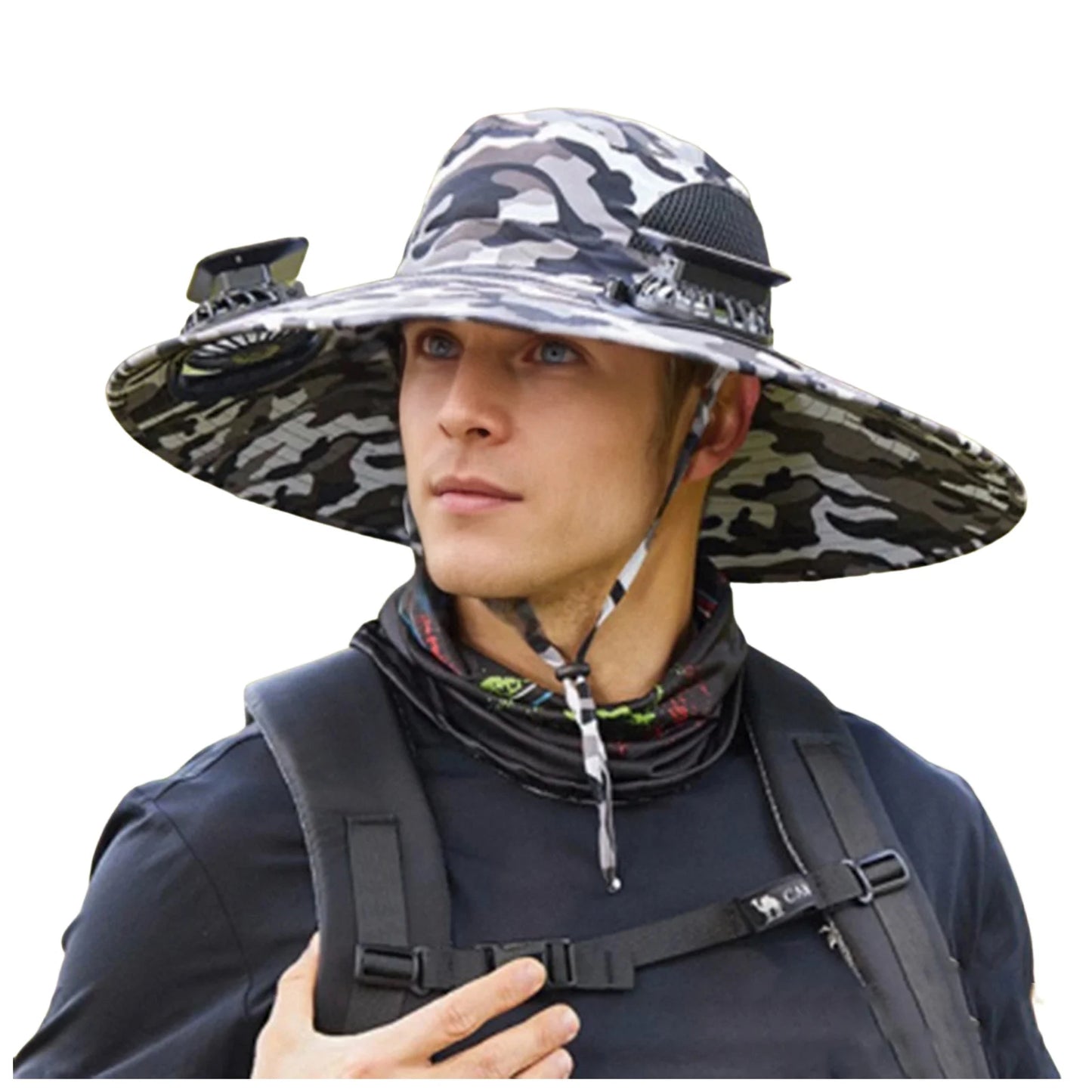 Mens Wide Brim Solar Fan Hat Outdoor 50+Upf Protection Sun Hats With 2 Solar Fan Hiking Fishing Solar Powered Visor Cap Dropping