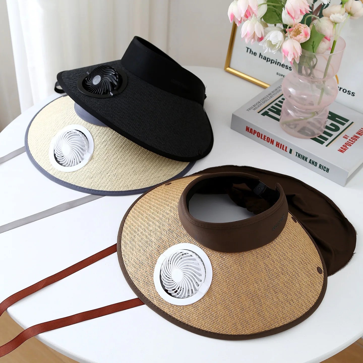 Wide Brim Sun Hat With Built-in Fan Summer Cap Outdoor Straw Visor Hat With Solar/USB Powered Fan For Camping Fishing Hiking