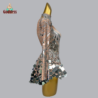 Women's Sexy Stage Rhinestones Mirrors Bodysuit Birthday Celebrate Party Outfit Singer Dancer Show Leotard Performance Costume