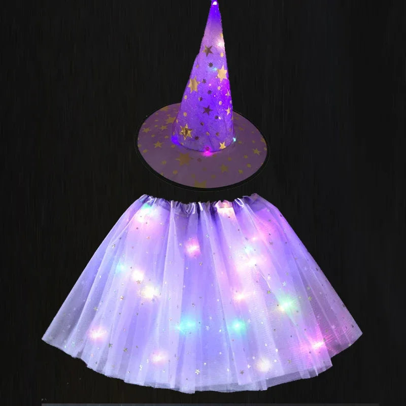 Women Kids Girl Luminous LED Glow Light Up Elf Witch Hat Star Skirt Spider Web Tutu Wizard Costume Party Gift Halloween Festival