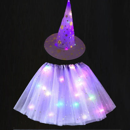 Women Kids Girl Luminous LED Glow Light Up Elf Witch Hat Star Skirt Spider Web Tutu Wizard Costume Party Gift Halloween Festival
