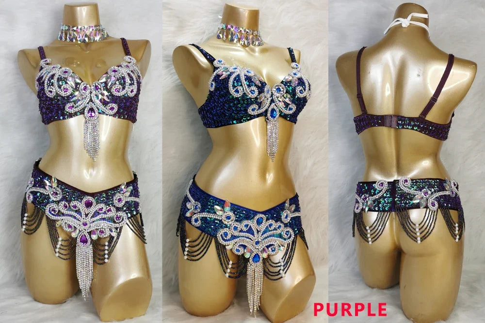 Crystal Belly Dance Costume Samba show bikini Wear Bar+Belt 2pc Set Ladies Bellydancing Costumes Carnival women gogo costumes