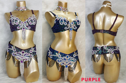 Crystal Belly Dance Costume Samba show bikini Wear Bar+Belt 2pc Set Ladies Bellydancing Costumes Carnival women gogo costumes