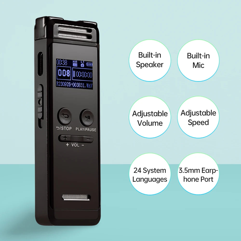 Digital Voice Recorder 32G Activated Record Playback MP3 Music Player w/ Mic Speaker 1536KBPS HD Recording 24 System Languages