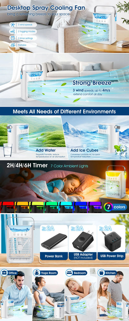 Portable Air Conditioners Fan Desktop Air Cooler 3 in 1 Humidifier Water Mist Fan LED Night Light USB Charging for Home Camping