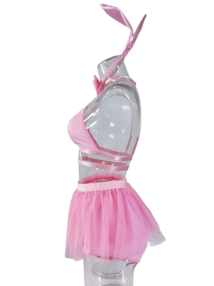 5 Piece Lingerie Set Bunny Pink Sexy Tutu Skirt Bright Exotic Sets Lace Nightclub Underwear Pole Dancing Ruffle Outfit