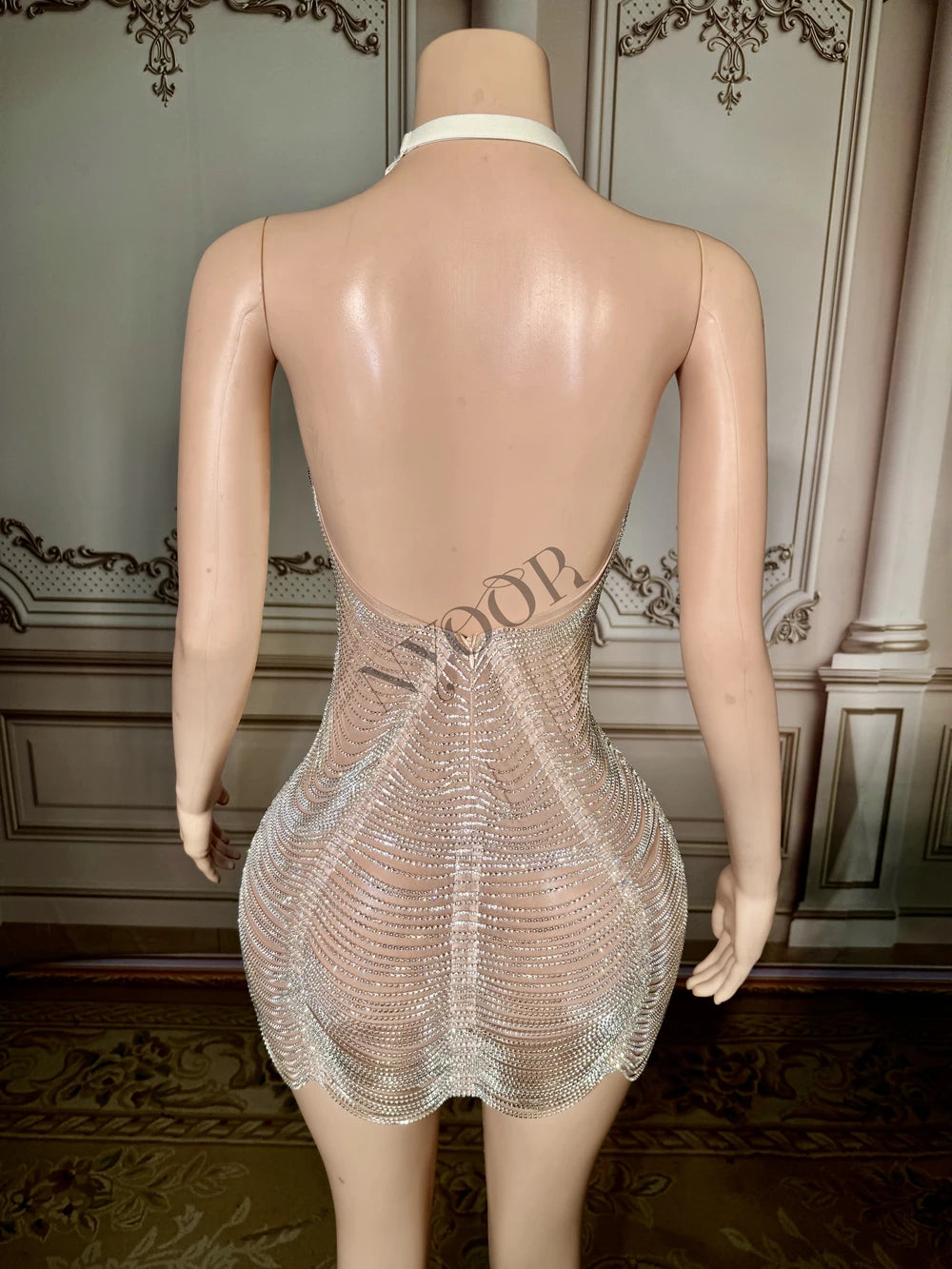Sparkly Rhinestones Diamonds Sexy Mesh See Through Short Dress for Women Prom Party Evening Celebrate Birthday Dress Show Wear