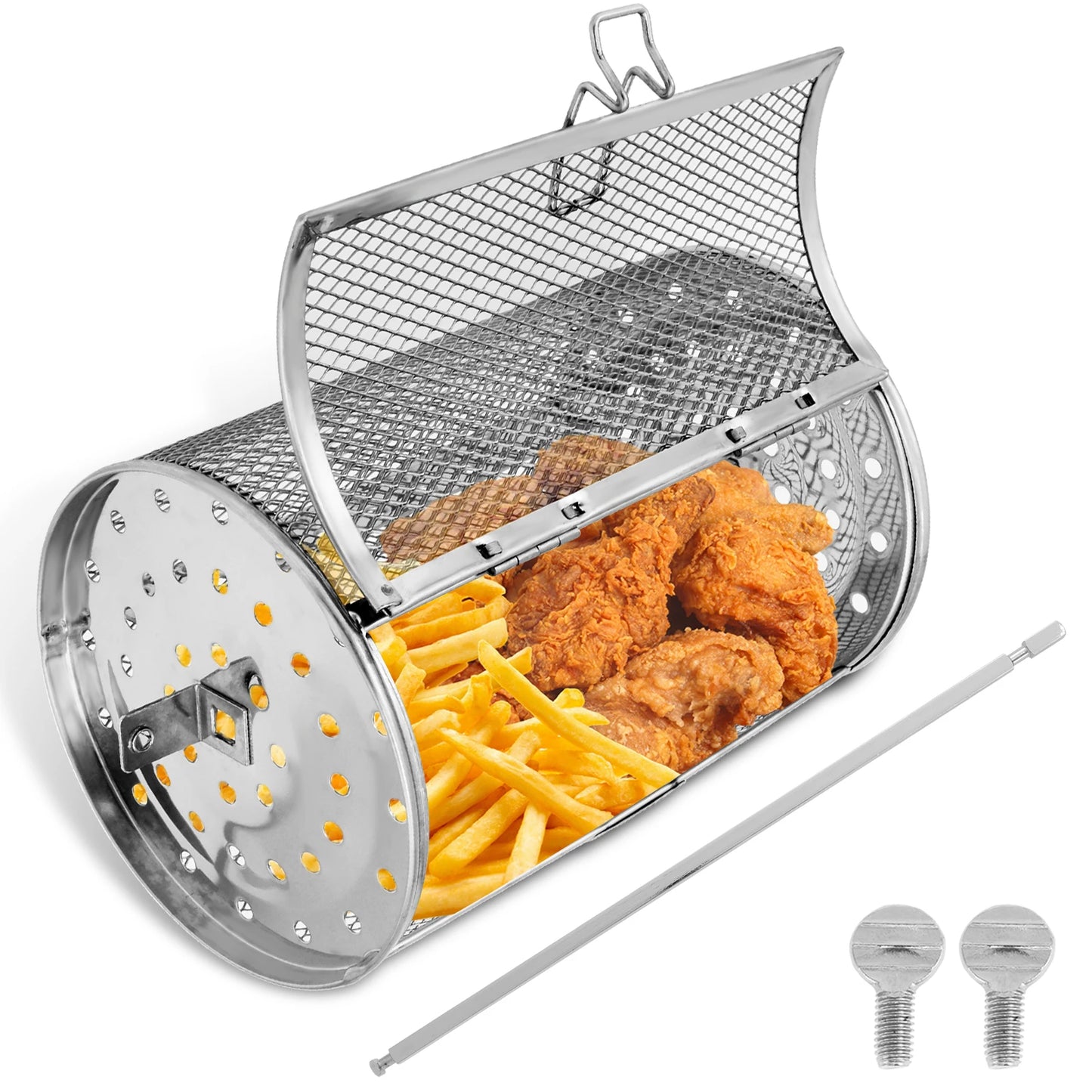 Rotisserie Basket 360° Rotated Stainless Steel Rotisserie Grill Roaster Non-Stick Washable Heat Resistant Oven Round Rack Basket