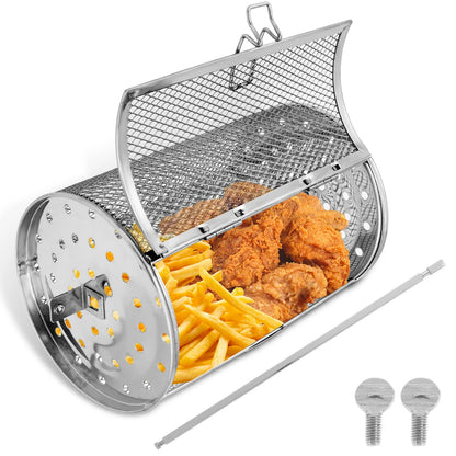 Rotisserie Basket 360° Rotated Stainless Steel Rotisserie Grill Roaster Non-Stick Washable Heat Resistant Oven Round Rack Basket
