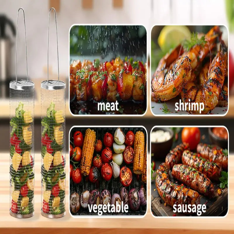 Rolling BBQ Grilling Basket Portable Bbq Vegetable Grill Basket Outdoor BBQ Accessories Round Barbecue Rack French Fries Fish