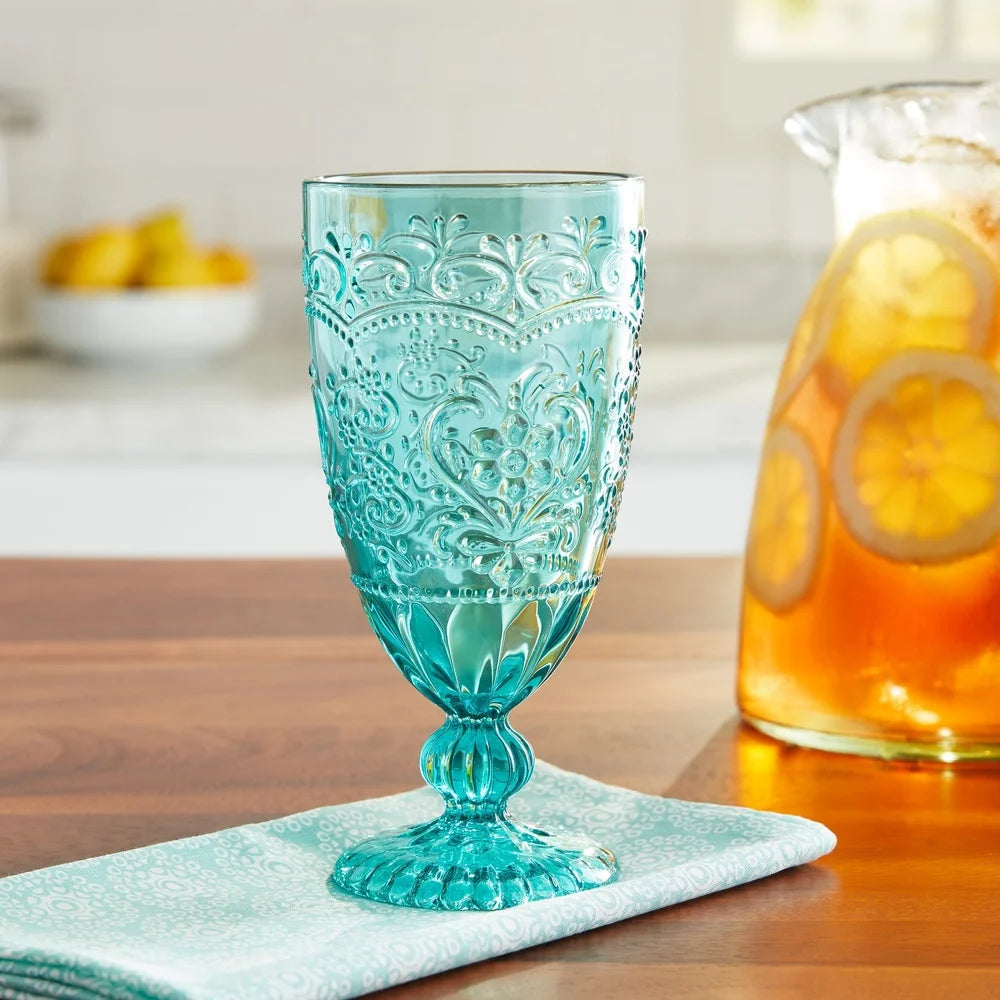 Amelia Teal Goblet Set of 4 Vintage Inspired Glasses Dishwasher Safe Elegant Drinkware Special Occasions and Everyday Use