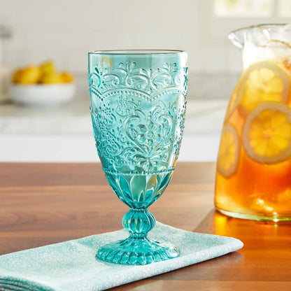 Amelia Teal Goblet Set of 4 Vintage Inspired Glasses Dishwasher Safe Elegant Drinkware Special Occasions and Everyday Use