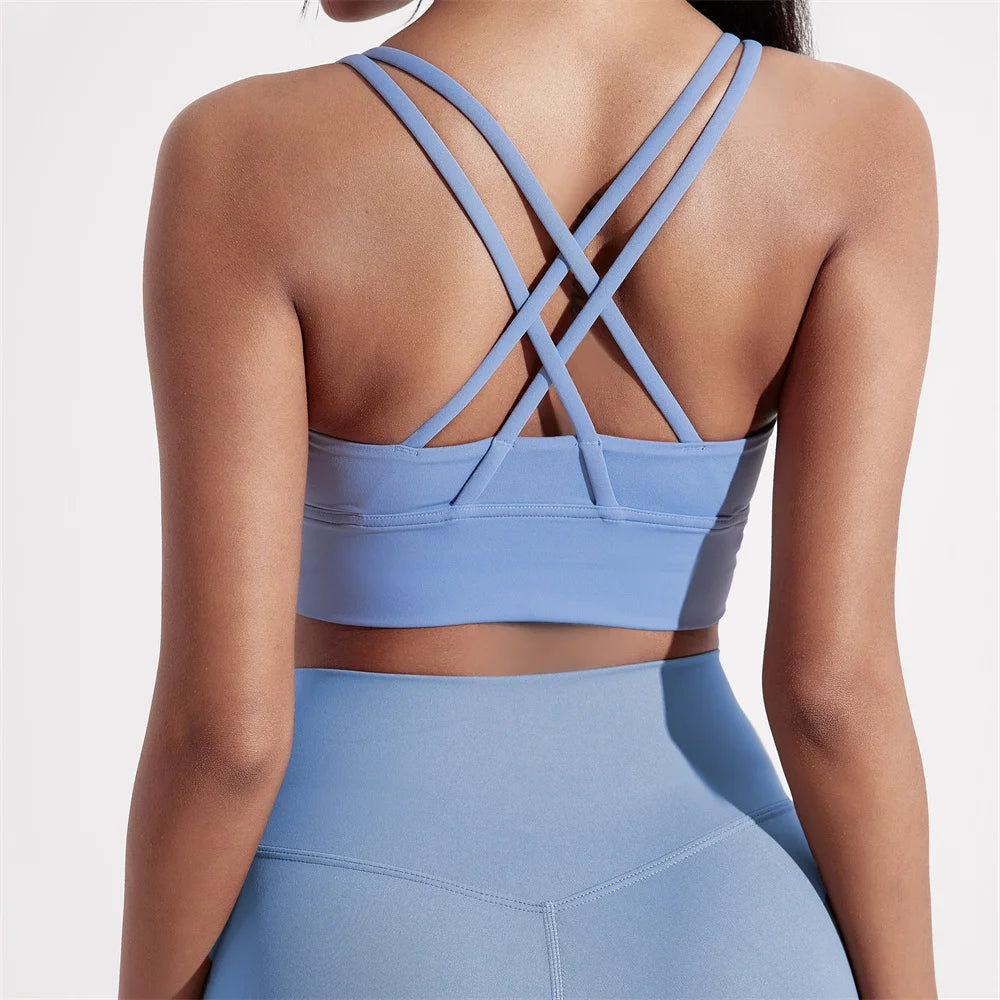 Solid Color Women Cross back Fitness sport Bra high strength Tight Top Comprehensive Training Gym Yoga Underwear With Chest Pad