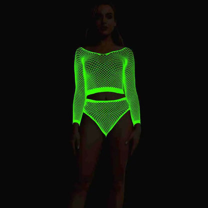Pole Dance Clothing Luminous Glowing Lingerie Sexy Bodystocking Women Fishnet Gogo Dancer Outfit Rave Bodysuit Exotic Party