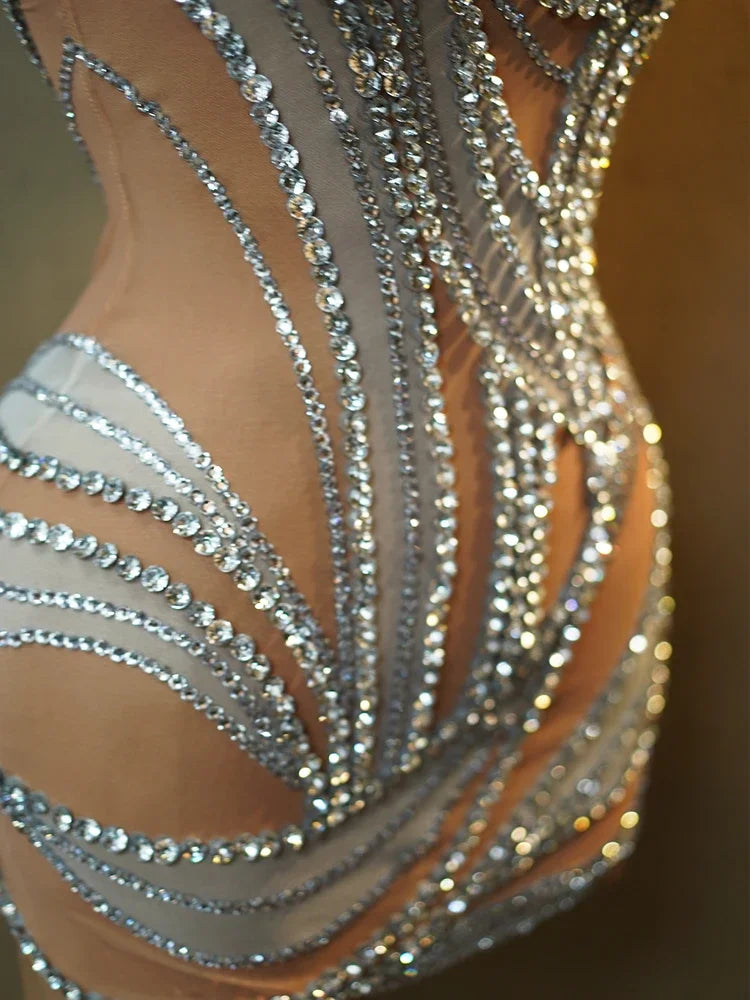 Sexy See Through Mesh Women Party Dress Birthday Sparkly Rhinestones Dinner Evening Dress Photo Shoot Sing Performance Costume