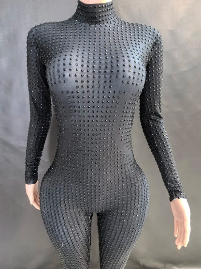 Sparkly Long Sleeve Crystal Rompers Pole DanceBodycon Bodysuits Stage Performance WearWomen Party One Piece Jumpsuits  7G