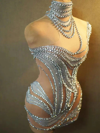 Sexy See Through Mesh Women Party Dress Birthday Sparkly Rhinestones Dinner Evening Dress Photo Shoot Sing Performance Costume