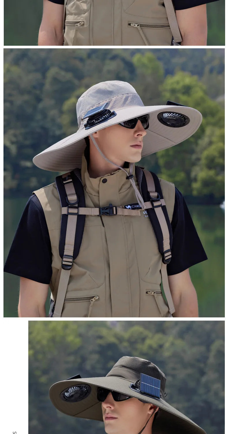 Summer New Dual Solar Fan Hat For Men Outdoor Fishing Sun Protection Visor Hat Large Brim Quick Drying Waterproof Bucket Hat