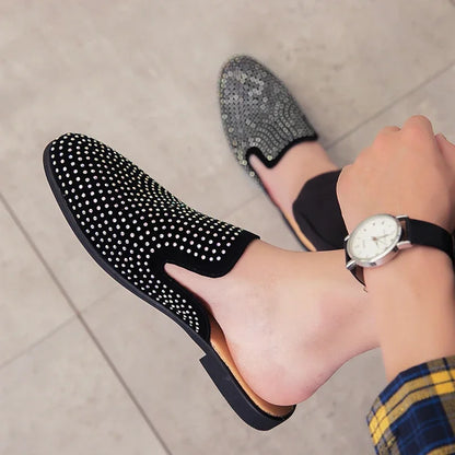 Luxury Glitter Rhinestone Leather Shoes Men Designer Outerwear Mules Casual Slides Slippers Sandals Male Fashion Shoes for Men