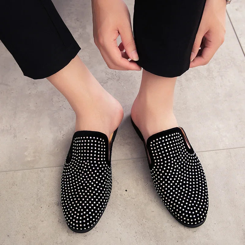 Luxury Glitter Rhinestone Leather Shoes Men Designer Outerwear Mules Casual Slides Slippers Sandals Male Fashion Shoes for Men