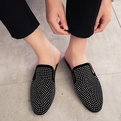 Luxury Glitter Rhinestone Leather Shoes Men Designer Outerwear Mules Casual Slides Slippers Sandals Male Fashion Shoes for Men