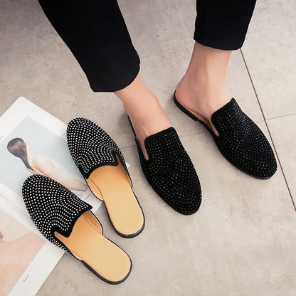 Luxury Glitter Rhinestone Leather Shoes Men Designer Outerwear Mules Casual Slides Slippers Sandals Male Fashion Shoes for Men