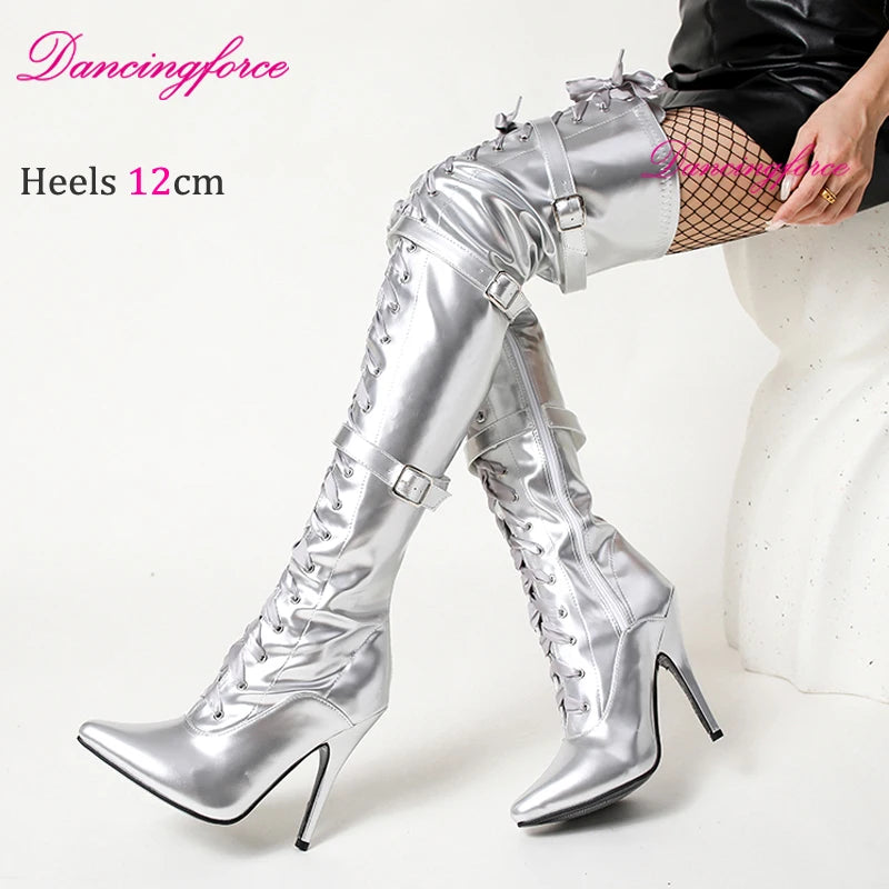 Dancingforce Sexy Long Boots Women Pink Over The Knee High Heels Luxury Design Dance Shoes Stiletto Thigh High Boots