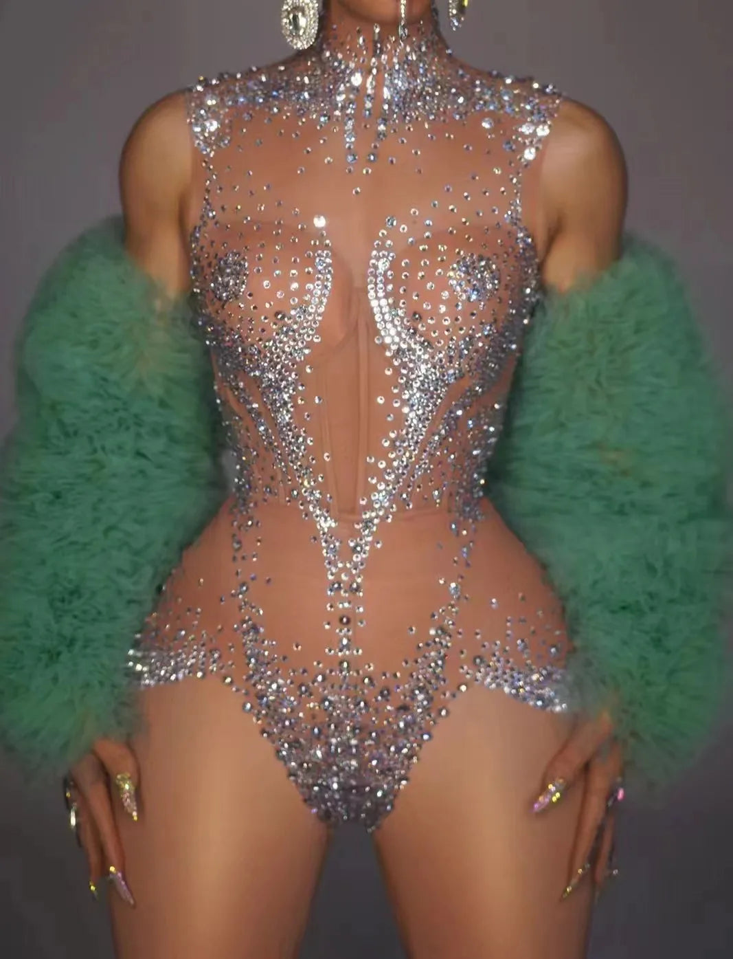 Sexy Stage Sparkly Rhinestones Leotard Women Mesh See Through Dance Performance Costume Singer Dancer Stage Bodysuit Club Wear
