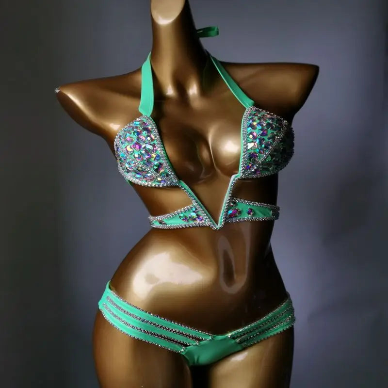 Nightclub Bar Sexy Rhinestones Bikini Set Pole Dance Costume Women Club Party DJ DS Dancer Performance Rave Outfit Diamond Bra