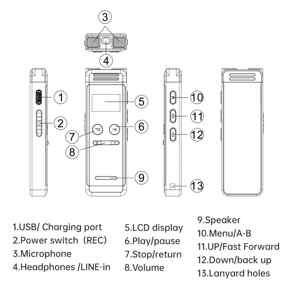 Digital Voice Recorder 32G Activated Record Playback MP3 Music Player w/ Mic Speaker 1536KBPS HD Recording 24 System Languages
