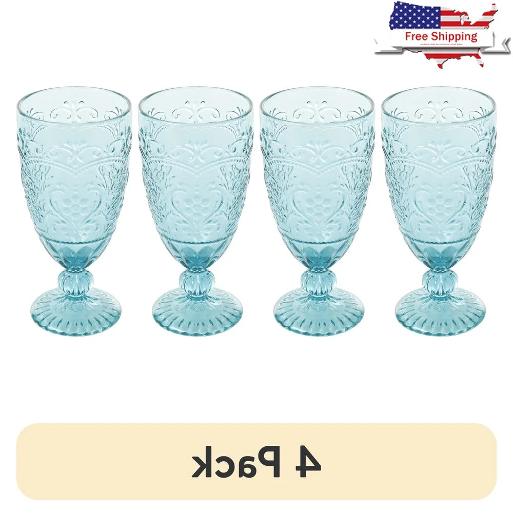 Amelia Teal Goblet Set of 4 Vintage Inspired Glasses Dishwasher Safe Elegant Drinkware Special Occasions and Everyday Use