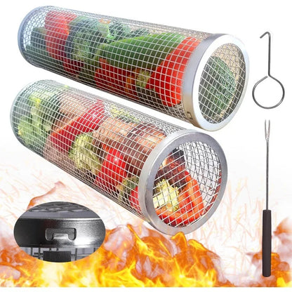 2PCS 304 Stainless Steel Rotating Grill Basket Cylinder - BBQ Rotisserie Cage for Outdoor Cooking,Food-Grade Portable Grill Mesh