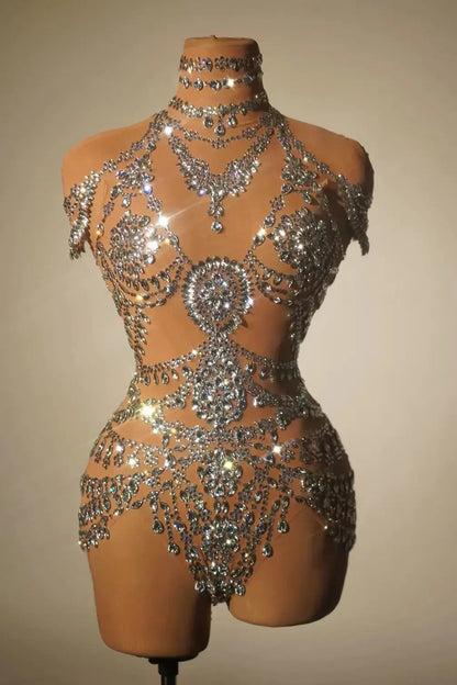 Club Birthday Leotard Dancer Playsuit Performance Wear Mesh Rhinestone Jumpsuit Sexy Women See Through Crystal Bodysuits