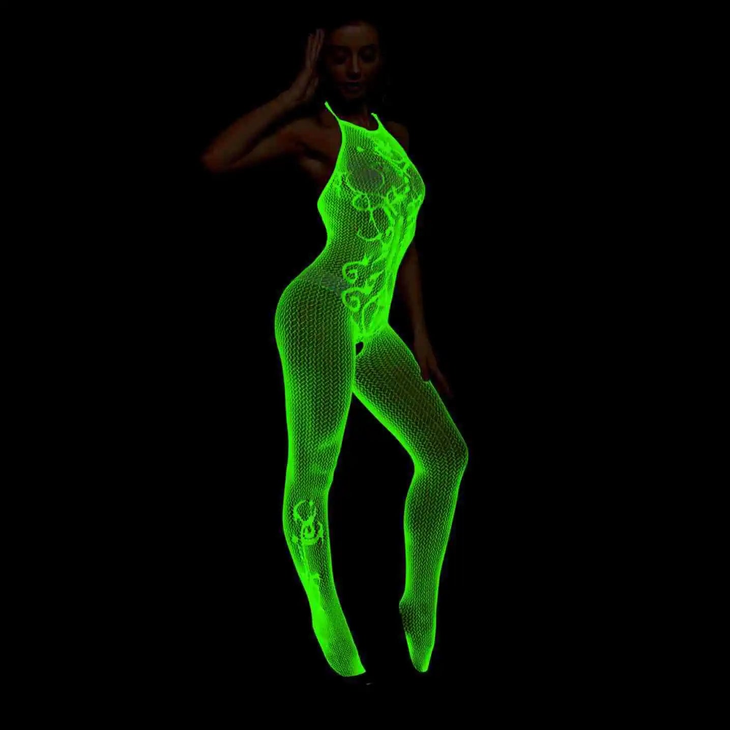 Pole Dance Clothing Luminous Glowing Lingerie Sexy Bodystocking Women Fishnet Gogo Dancer Outfit Rave Bodysuit Exotic Party
