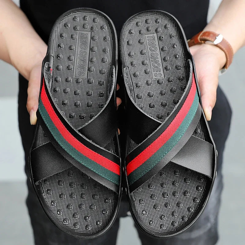 FUQIAO New Genuine Leather Men Slippers Beach Shoes Comfortable Men Summer Flat Heels Male Slides Luxury Plus Size 38-48