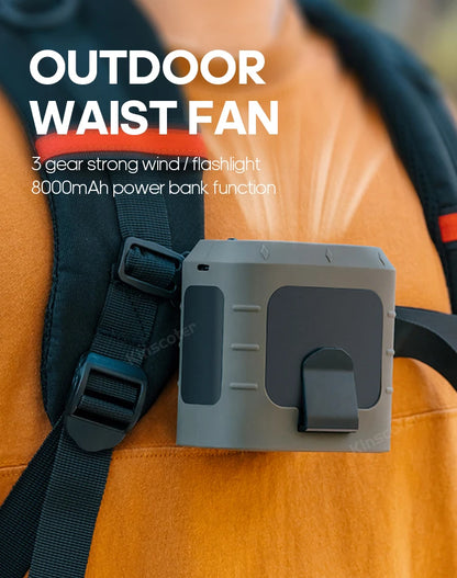 8000mAh Outdoor Waist Fan Portable Multifunctional Camping Fan Bladeless Hanging Neck Fan with Power Bank LED Lighting