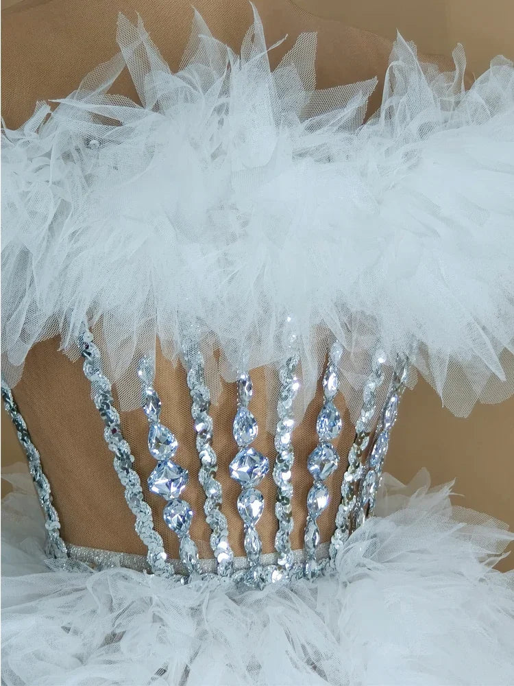 Sparkly Rhinestones Sequins Tube Tutu Mesh Dresses for Women Sexy Birthday Party Prom Evening Dress Photo Shoot Wear
