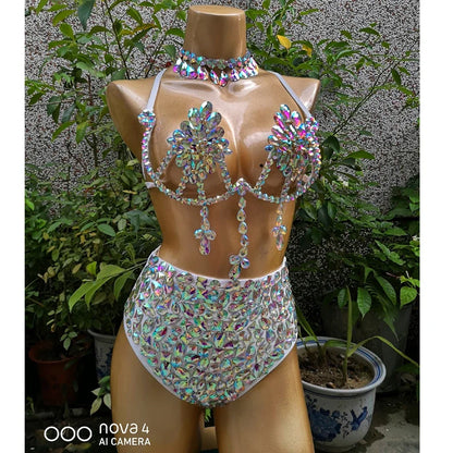 Belly Dancing Wire Bra Top High Waist Pants Samba Carnival Costume Set Hot Girl Nightclub Stage Dancer Wear festival outfit