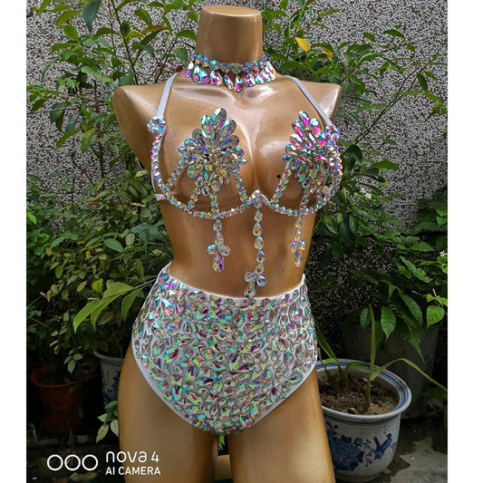 Belly Dancing Wire Bra Top High Waist Pants Samba Carnival Costume Set Hot Girl Nightclub Stage Dancer Wear festival outfit