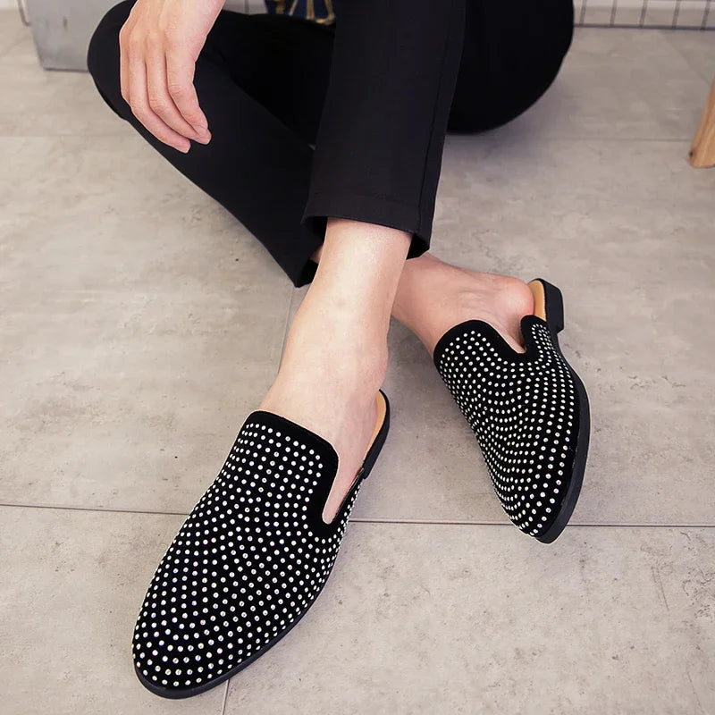Luxury Glitter Rhinestone Leather Shoes Men Designer Outerwear Mules Casual Slides Slippers Sandals Male Fashion Shoes for Men