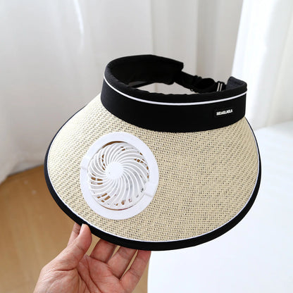 Wide Brim Sun Hat With Built-in Fan Summer Cap Outdoor Straw Visor Hat With Solar/USB Powered Fan For Camping Fishing Hiking