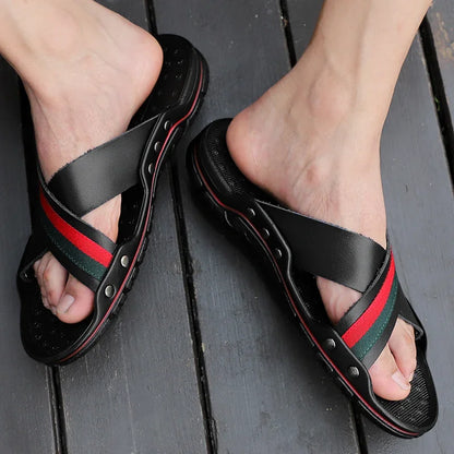 FUQIAO New Genuine Leather Men Slippers Beach Shoes Comfortable Men Summer Flat Heels Male Slides Luxury Plus Size 38-48