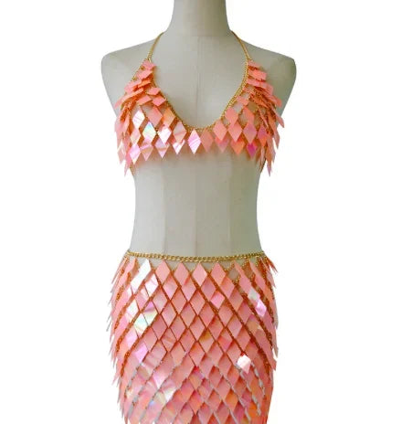 Sequins Skirt Set Women Festival Party Rave Outfit Backless Sexy Body Chain Nightclub Gogo Dancer Costume Summer Beach Wear Jazz