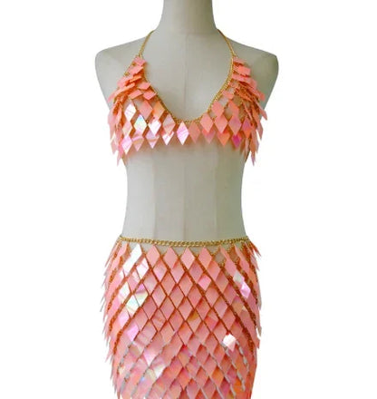 Sequins Skirt Set Women Festival Party Rave Outfit Backless Sexy Body Chain Nightclub Gogo Dancer Costume Summer Beach Wear Jazz