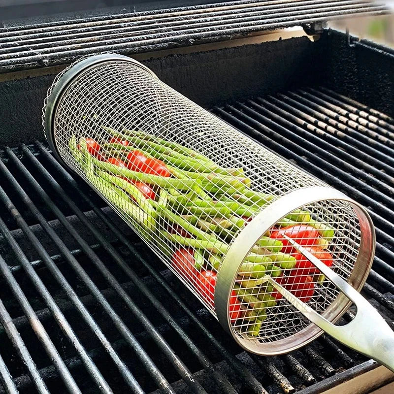 Portable BBQ Basket Stainless Steel Rolling Grilling Basket Wire Mesh Cylinder Grill Basket Round Outdoor Camping Barbecue Rack