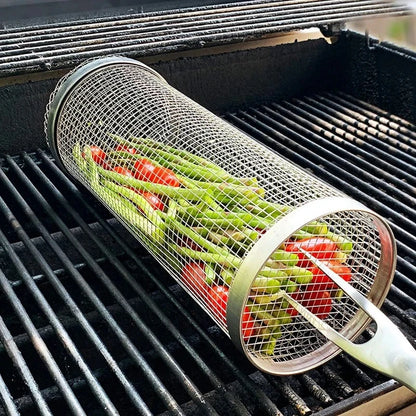 Portable BBQ Basket Stainless Steel Rolling Grilling Basket Wire Mesh Cylinder Grill Basket Round Outdoor Camping Barbecue Rack
