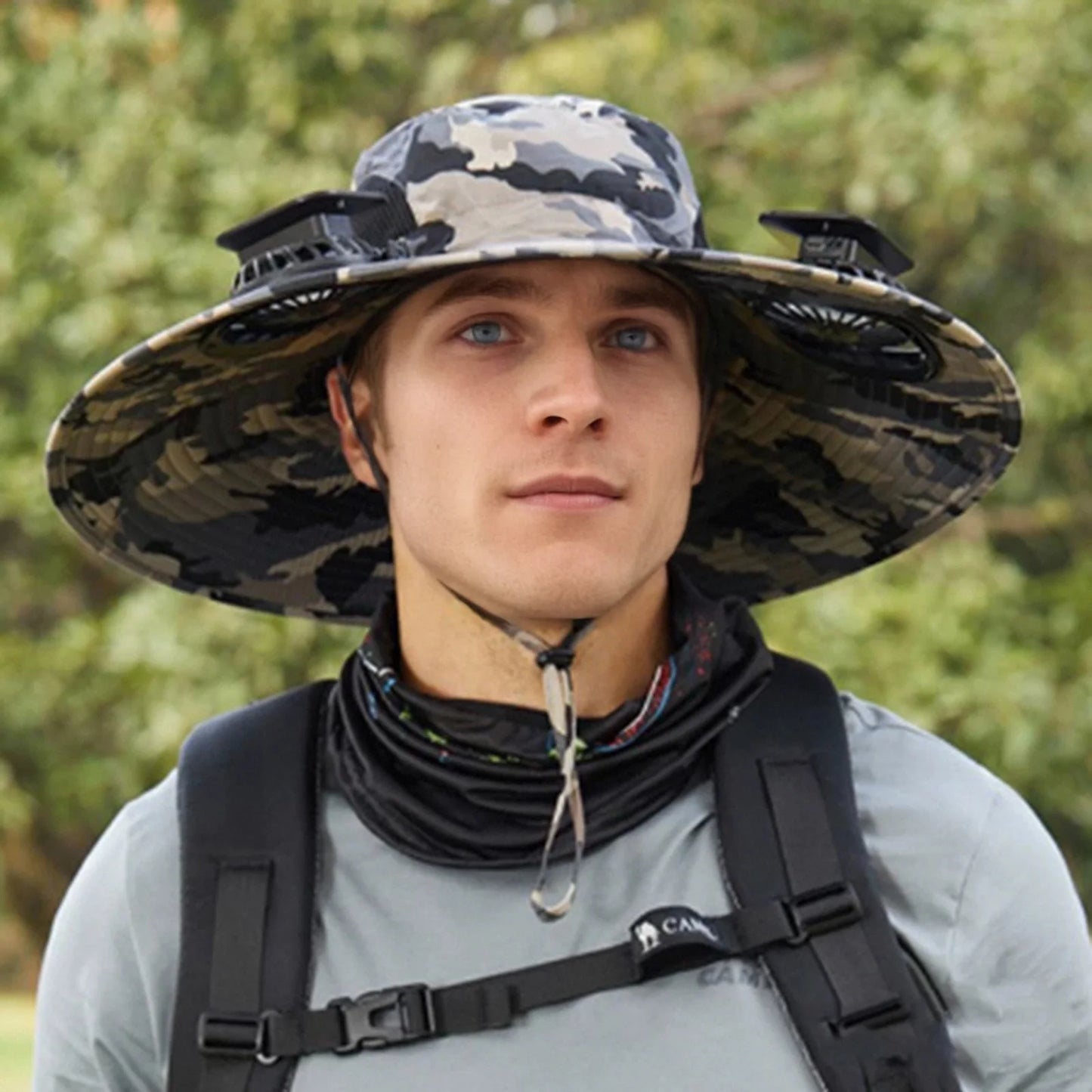 Mens Wide Brim Solar Fan Hat Outdoor 50+Upf Protection Sun Hats With 2 Solar Fan Hiking Fishing Solar Powered Visor Cap Dropping