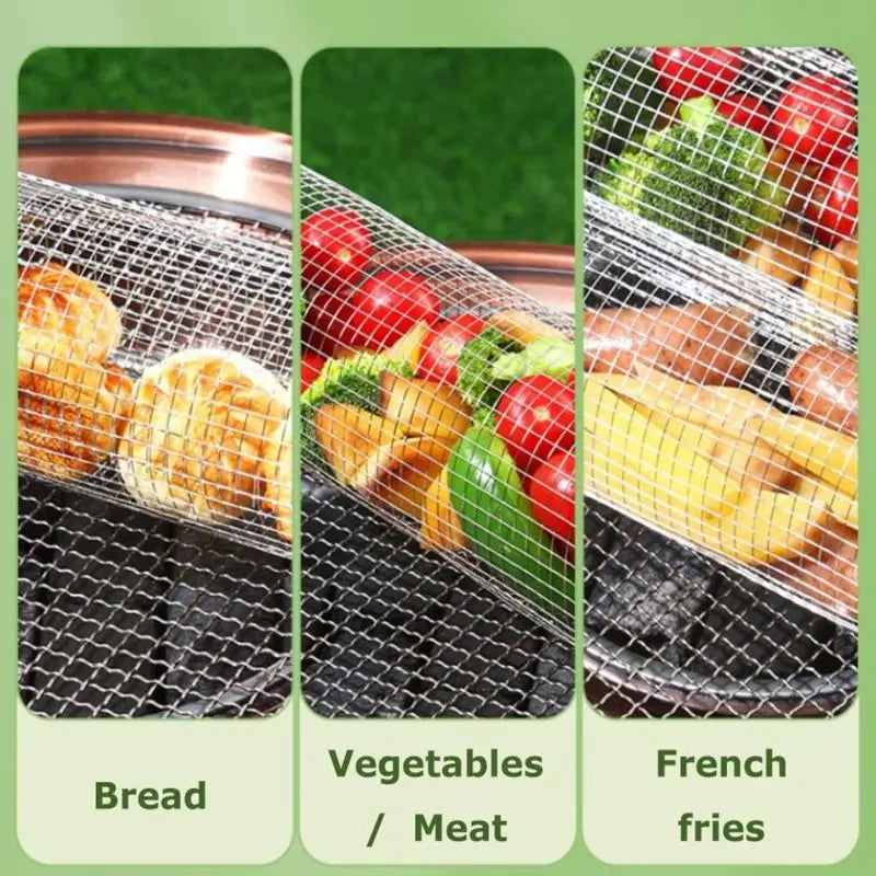 Rolling BBQ Grilling Basket Portable Bbq Vegetable Grill Basket Outdoor BBQ Accessories Round Barbecue Rack French Fries Fish