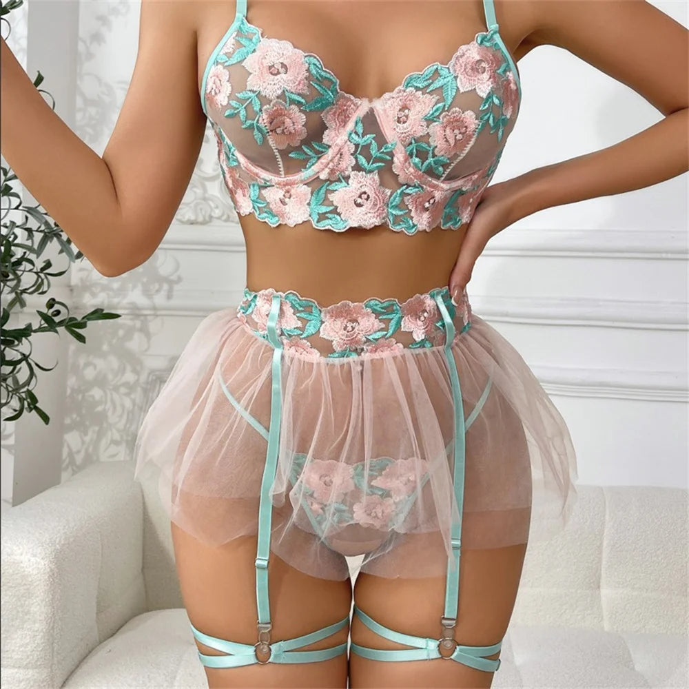 2025 Wholesale Women's Sexy Mesh See-through Lingerie Bikini Sets Adult Lady Pushed Up Nude Underwear Hot Open Crotch Tutu Dress