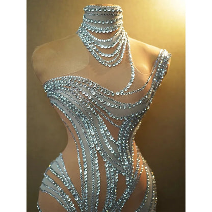 Sexy See Through Mesh Women Party Dress Birthday Sparkly Rhinestones Dinner Evening Dress Photo Shoot Sing Performance Costume